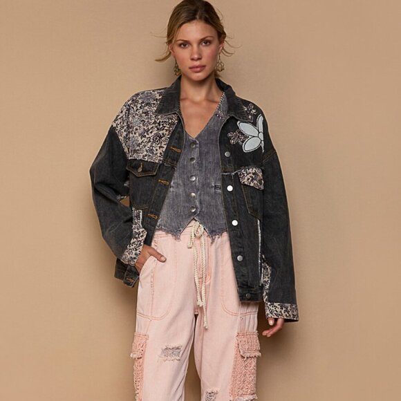 NWOT POL Washed Black Denim Jacket with Corduroy Floral Patch Detail - Picture 1 of 11